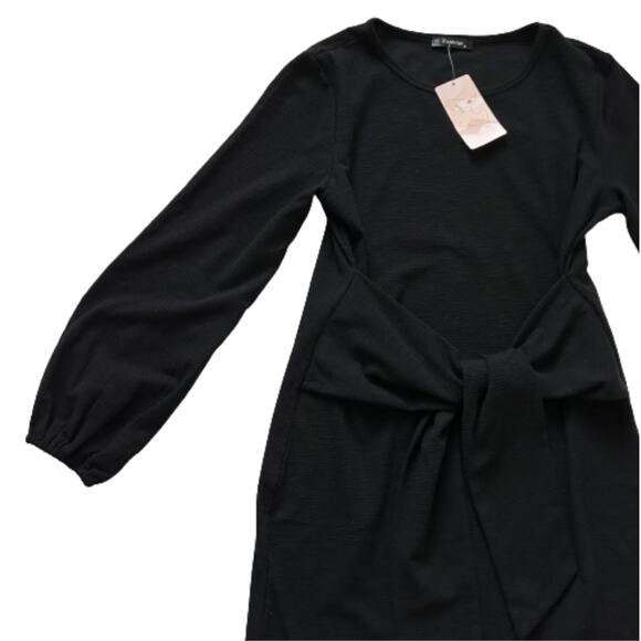 Fashion Dress Black Long Lantern Sleeve Crewneck Tie Waist Mini Dress Medium NEW - Picture 9 of 12